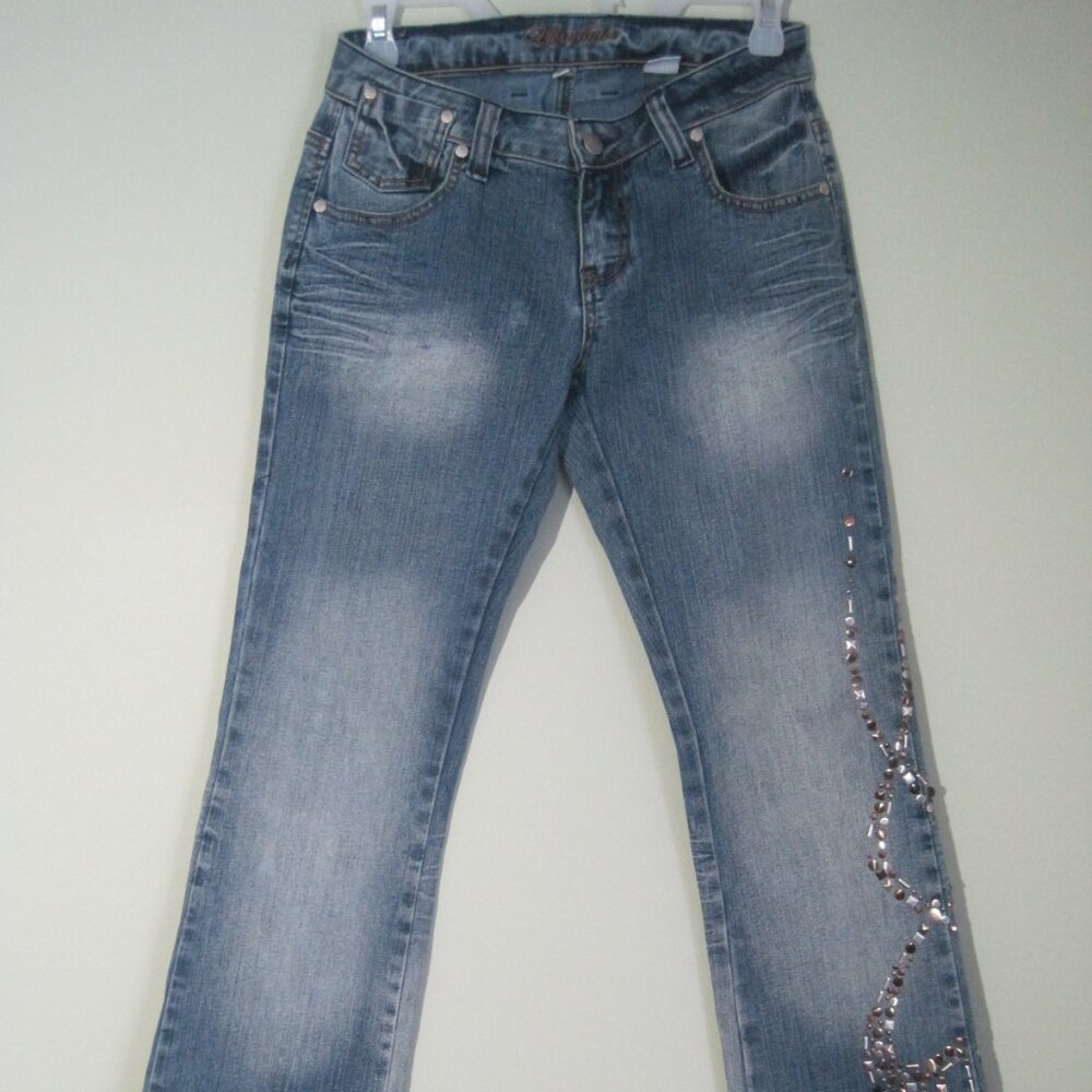 YOUNIQUE Women's Jr Size 5 Embellished Low Rise Y2K Vtg Flare Bootcut Blue Jeans